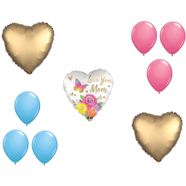 Loonballoon Mother's Day Theme Balloon Set, 28 Inch Jumbo Love You Mom Satin Floral Balloon, Heart Shape 97779